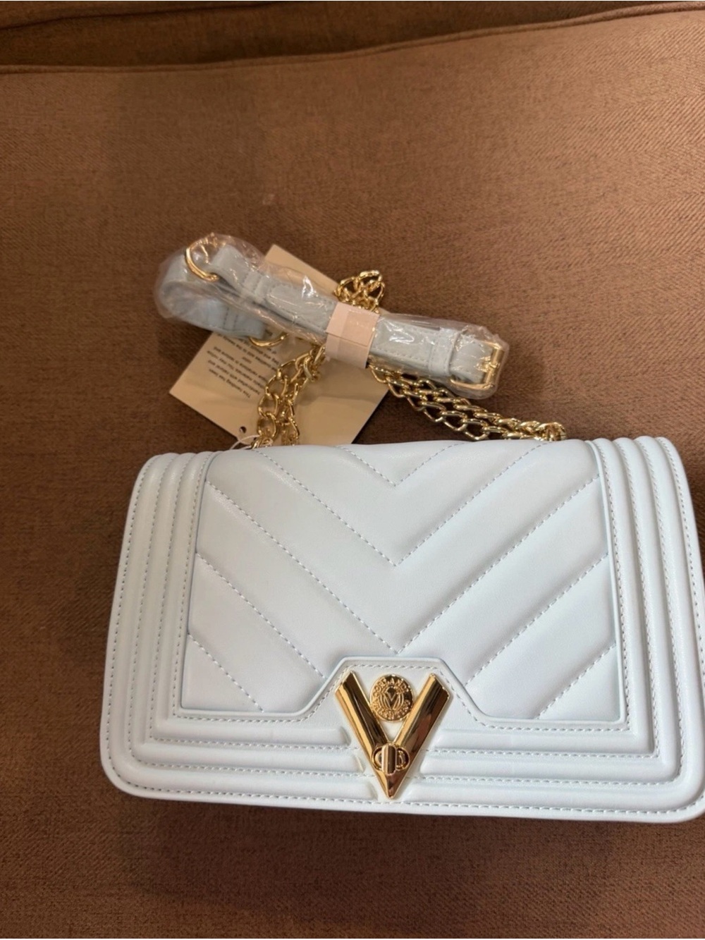 Valentino Orlandi light blue Quilted Crossbody Bag with Gold V Emblem